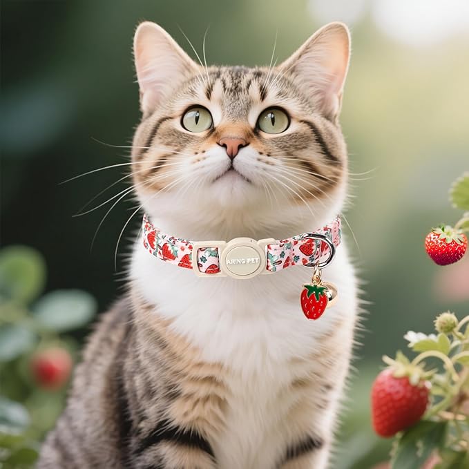 ARING PET 2 Pack Cat Collar-Cute Kitty Collars with Bell & Pendant, Adjustable Floral&Strawberry Kitten Collars with Safety Buckle for Girl and Boy Pets