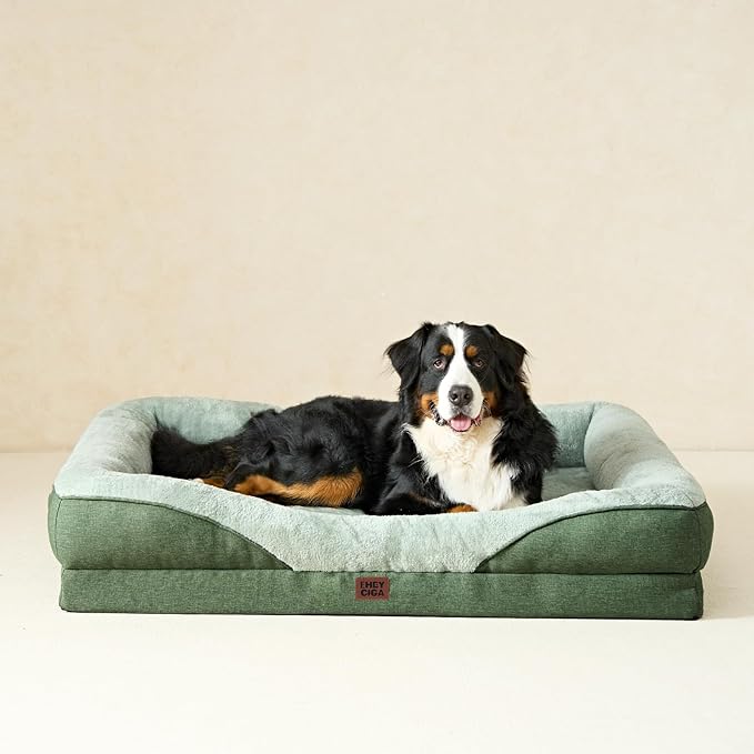 EHEYCIGA Memory Foam XL Dog Bed for XLarge Sized, Extra Large Orthopedic Dog Sofa with Sides and Waterproof Liner, Washable Bolster Pet Couch with Removable Cover, 42x30x7.5 Inch, Green