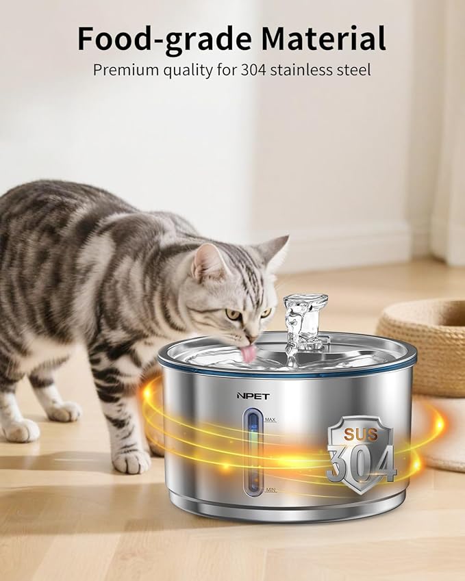 NPET Stainless Steel Cat Water Fountain, 1Gallon/135oz Automatic Pet Drinking Fountain Dog Water Dispenser Bowl with Water Level Window for Cats Indoor - WF210Plus