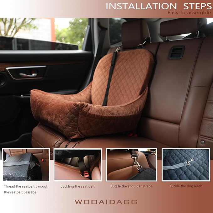 Dog Car Seat for Small Dogs,Covered Soft Fabric and Fill in Memory Foam,Easy to Assemble and Fully Detachable,2 Clip-On Safety Leashes and Storage Pockets(Brown)