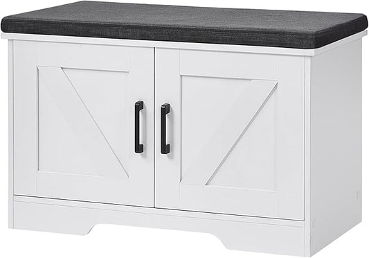 2-Tier Storage Bench, Shoe Bench with Padded Seat Cushion, Entryway Bench with 2 Barn Doors, Adjustable Shelf, 13.8" D x 27.6" W x 17.7" H, for Entryway, Living Room, Bedroom, White