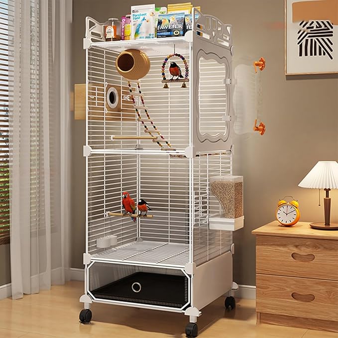Large Parrot Cage with Acrylic Doors, 4 Casters, Perch & Feeder, Detachable Drawer, Ideal for Cockatiels, Budgies, Conures, Indoor/Outdoor Use – Spacious White Birdcage(White,36 * 36 * 106)