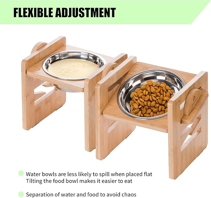 Elevated Dog Bowls, 6 Heights Adjustable Raised Dog Bowl 2.4″-6.7″, with Food Grade 304 Stainless Steel 15 OZ, Bamboo Dog Bowl Stand for Small & Medium Dogs Cats, 2 Pack