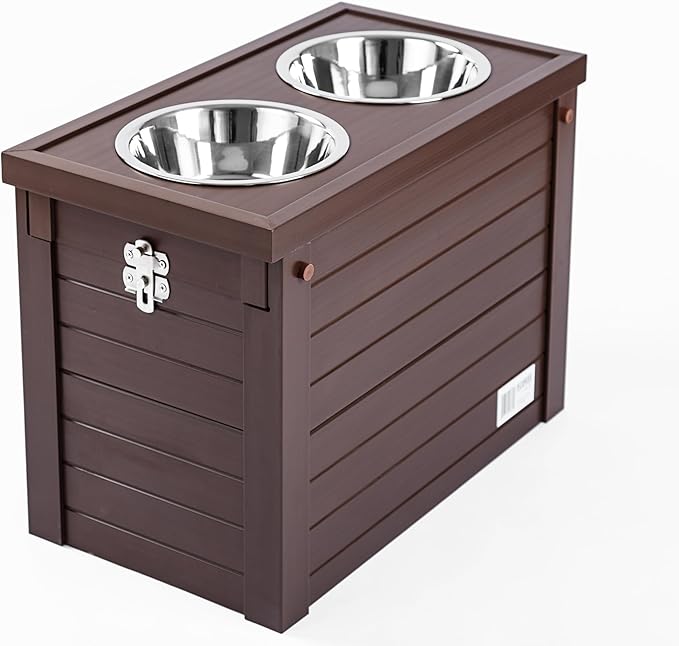 New Age Pet ECOFLEX Piedmont Elevated Dog Feeder, Sliding Lid Storage, Includes two 32oz Stainless Steel Bowls Easy Clean, 10 Year Warranty, Brown