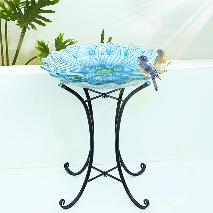MUMTOP Outdoor Glass Birdbath with Metal Stand for Outside Yard Garden Decor, 18 inch Diameter Blue Bird Baths Bowl for Outdoors, 21 inch Height