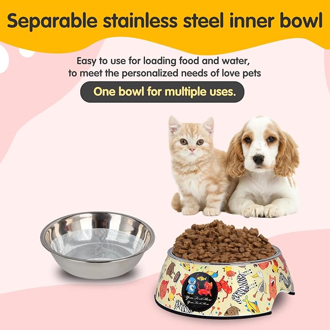 Pet Cats Dogs 2 in 1 Food Water Bowls - Non Slip Skid Proof Heavy Duty Pet Cats Dog Food Water Bowls for Feeding Drinking Small Medium Large Dogs Cats Puppies -Cartoon Animal World-M