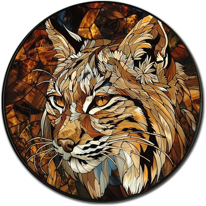 Lygond Metal Sign Tin Sign Circular Stained Glass Bobcat Signs for Garden for Patio 12×12 Inches