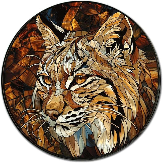 Lygond Metal Sign Tin Sign Circular Stained Glass Bobcat Signs for Garden for Patio 12×12 Inches