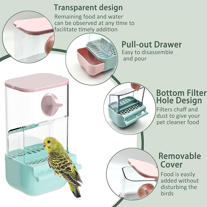 No Mess Bird Feeder Water Dispenser Set, Automatic Transparent Parrot Feeder Acrylic Parrot Food Container Drinker Cage Accessories for Small Birds Canary Parakeet Finch (Blue+Blue, 1)