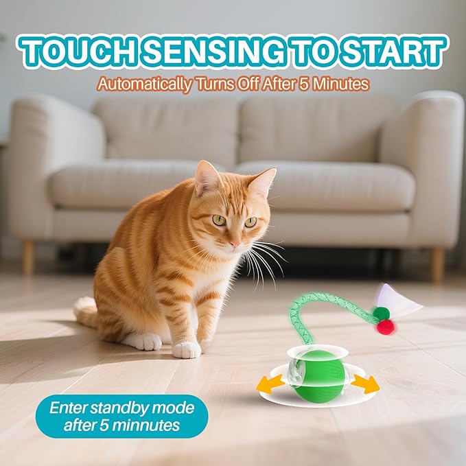 Interactive cat Toy cat Toys for Indoor Cats Agile Moving Cat Ball with Elastic Mesh Tail Automatic Kitten Toys Motion Activated Ball (Green)