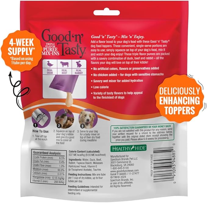 Good 'n' Tasty Triple Flavor Puree Mix-Ins Dog Food Topper Treats for All Dogs, 28 Count, Easy Single-Serve Portions, Added Protein with Duck, Beef and Rabbit, No Chicken Added