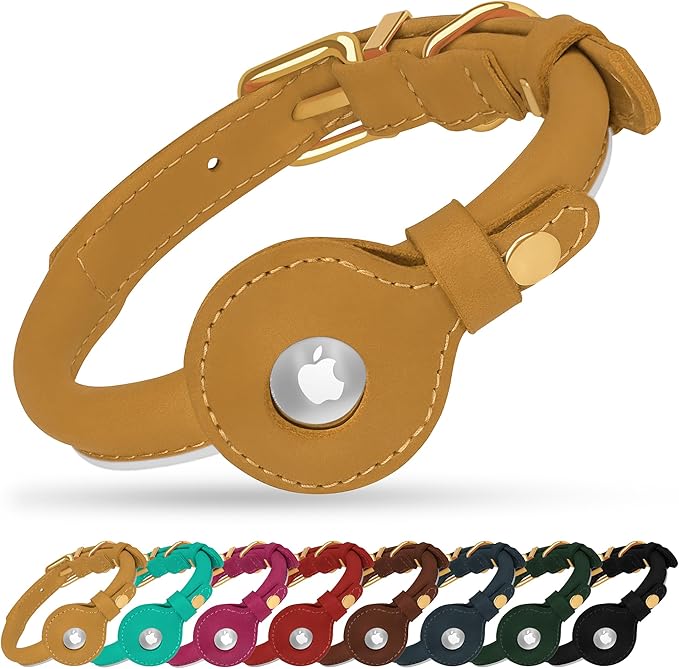 OOPSDOGGY Rolled Leather Dog Collar with Airtag Holder - Reflective Round Airtag Dog Collar - Soft Tracking Pet Collar for Small Dogs Puppy Cats Kitten (Camel, XXS, 7"-9")