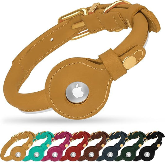OOPSDOGGY Rolled Leather Dog Collar with Airtag Holder - Reflective Round Airtag Dog Collar - Soft Tracking Pet Collar for Small Dogs Puppy Cats Kitten (Camel, S, 10"-13")