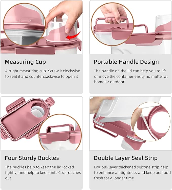 5-7Lbs Cat Dog Storage Container, Portable Pet Food Containers with Upgraded Large Spout and Cup, Small Animal Kibble Dispenser for Bird Seed, Oatmeal, Rice, Flour (2, Pink, 5L)