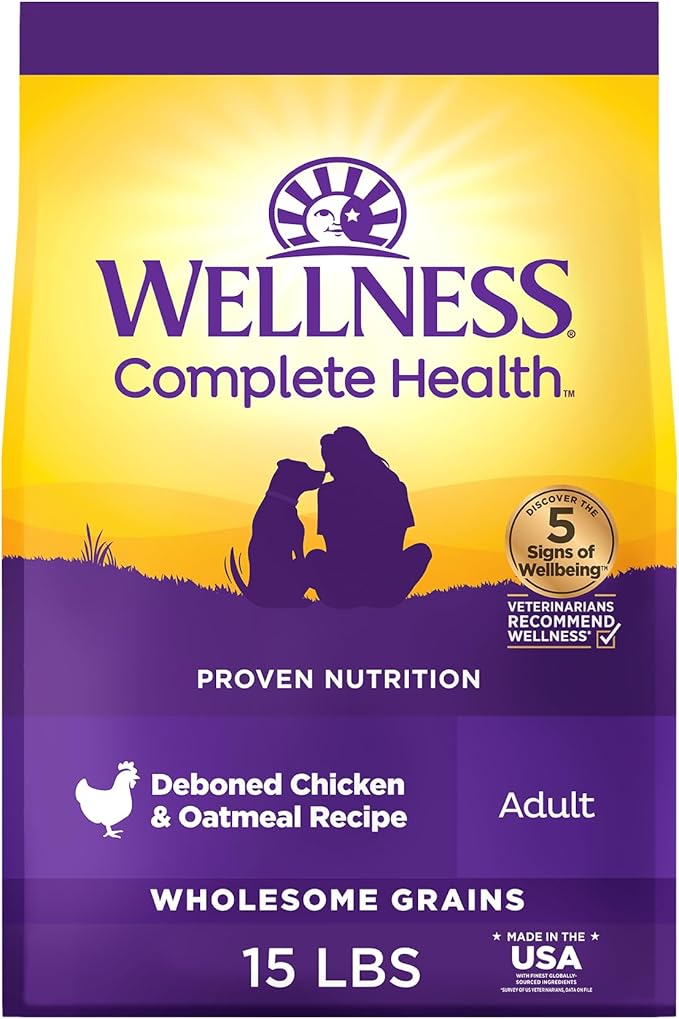 Wellness Complete Health Dry Dog Food with Grains, Natural Ingredients, Made in USA with Real Meat, All Breeds for Adult Dogs (Chicken & Oatmeal, 15-Pound Bag)