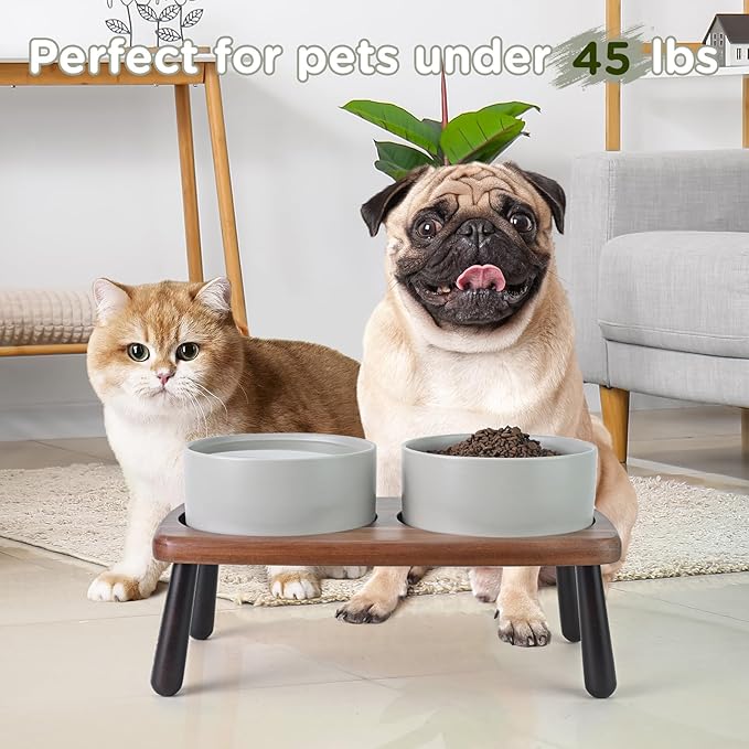 SPUNKYJUNKY Ceramic Elevated Dog Bowls Raised with Acacia Bamboo Wooden Stand, 6.1'' Dog and Cat Food Water Bowls Set Non-Slip for Small Medium Sized Breed Microwave Dishwasher Safe - 28.7 OZ,Grey