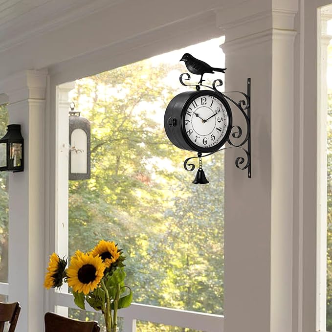 Outdoor Post Clock with Interchangeable Rooster Bird and Bear Accessories, Double-Sided Hanging Farmhouse Iron Clock with Bell for Outdoor Garden Porch and Indoor Decor 13x18