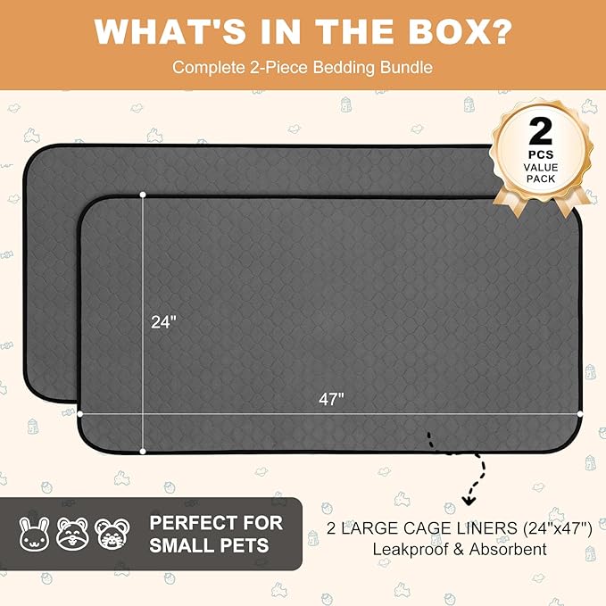 Washable Guinea Pig Liners for Cage, 2 Pack 24" X 47" Super Absorbent Reusable Guinea Pig Bedding Pee Pads Tarp Bottom for C&C Cage with Rabbits, Bunny, Chinchesillas, and Other Small Animals