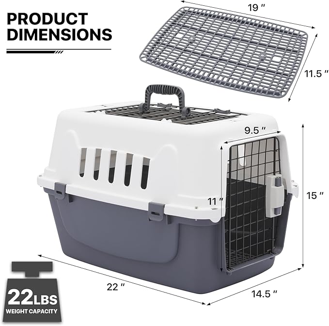 MoNiBloom 22-Inch Dog Crate Plastic 2-Door Top Loading Cat Carrier, Hard-Sided Dog Travel Carrier for Small Dogs and Cats, Ventilation and Security Lock Design for Pets up to 22 lbs (Grey)