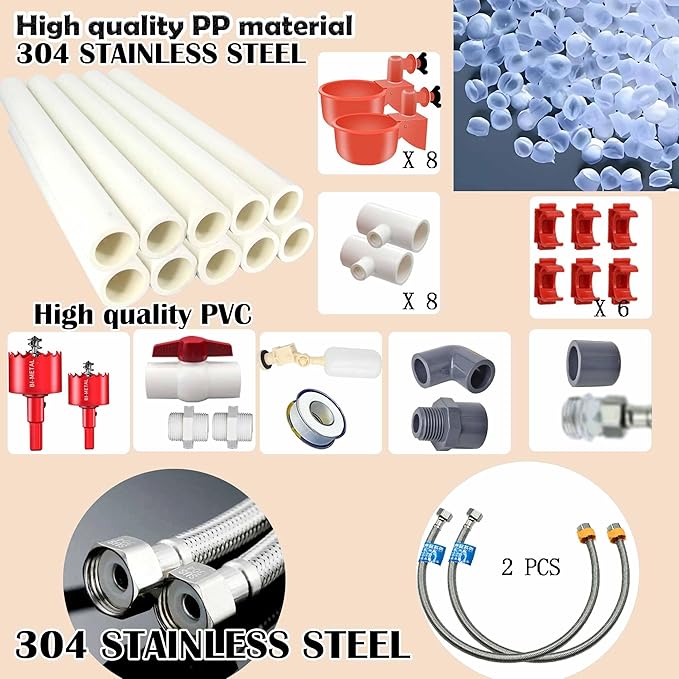 Complete Set Pipeline Automatic Chicken Waterer System(58 Accessories Included)Chicken Water Cups, Chicken Waters,Poultry Waterer,Chicken Watering System,with PVC Pipeline,Float Valve and Garden Hose