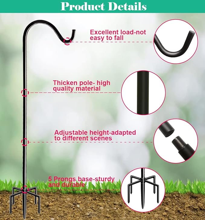 60 Inch Tall Outdoor Shepherds Hook with 5 Prong Base, Adjustable Bird Feeder Pole Hanger for Hanging Outside Birdfeeders, Plant Baskets, Lanterns, Wedding Decor