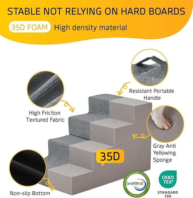 Dog Stairs for High Bed, Dog Steps for Bed Couch Sofa, 35D Foam Extra Wide Pet Steps for Small Dogs and Cats, Pet Stairs with Non-Slip Bottom Grey, 5 Steps
