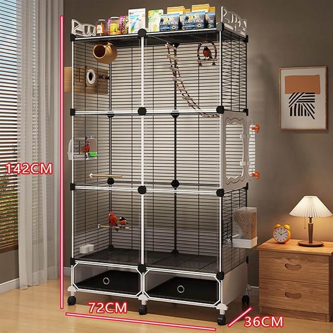 Large Parrot Cage with Acrylic Doors, 4 Casters, Perch & Feeder, Detachable Drawer, Ideal for Cockatiels, Budgies, Conures, Indoor/Outdoor Use – Spacious White Birdcage(Black,72 * 36 * 142)