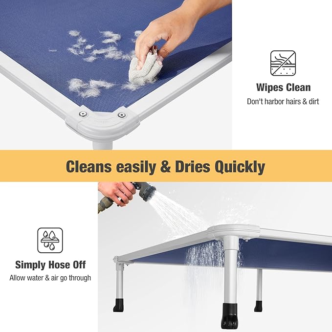 Veehoo Chew Proof Elevated Dog Bed - Cooling Raised Pet Cot - Silver Aluminum Frame and Durable Textilene Mesh Fabric, Unique Designed No-Slip Feet for Indoor or Outdoor Use, Blue, X-Large, CWC2003