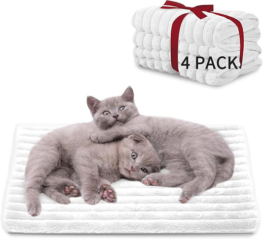 NWK Pack of 4 Fluffy Self Warming Cat Mat, Cat Blanket, Thermal Dog Mat, Washable, Non-Slip Bottom for Sofa & Crate & Kennel & Car Seat (Creamy White, Medium (27'' X 18.5'' X 0.7''))