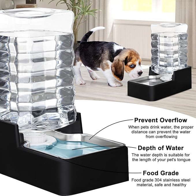 RIZZARI Stainless Steel Pet Water Feeder: 7.5L Black Automatic Leak-Proof Gravity Dispenser for 20-35 LB Dogs with Spinal Problems - with Filter - Ideal for Bedroom Living Room