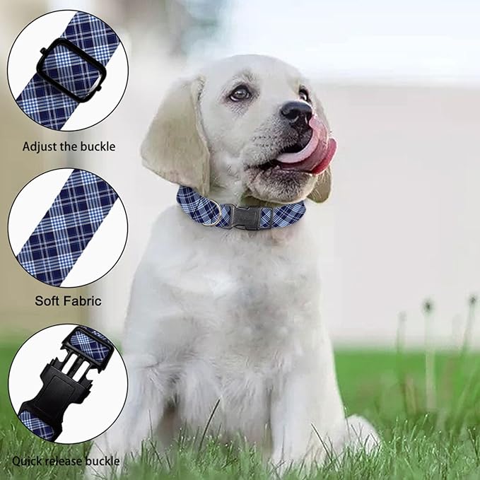 Blue Black Plaid Gingham Dog Collars Soft Adjustable Collar Strap for Small Medium Large Dogs Cats Pet