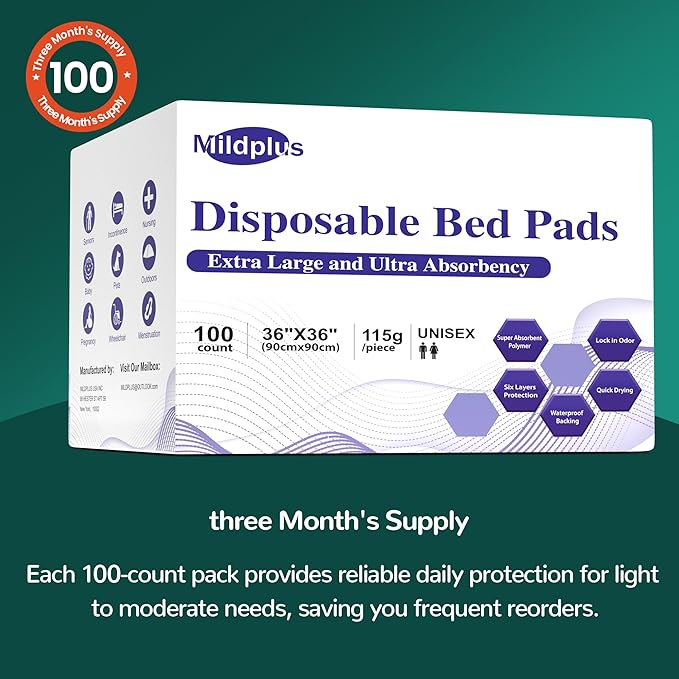 100 Count Disposable Bed Pads , 36x36 Inch Extra Large Incontinence Underpads | Heavy Absorbency 115 Grams Pee Pads for Adult, Senior, Baby & Pet Care (No Adhesive)
