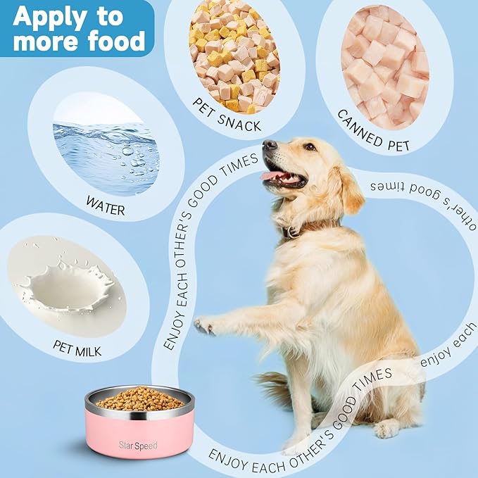 StarSpeed Stainless Steel Dog Bowl - Large Dog Water Bowl with Rubber Bottom, Drop Resistant, Keeps Cold, Holds 8 Cups (64oz, Pink)