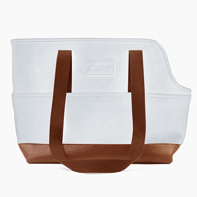 Luxury Dog Purse Carrier - White Faux Leather Pet Carrier, Secure Harness Clip, Tote Bag for Small Dogs and Puppies