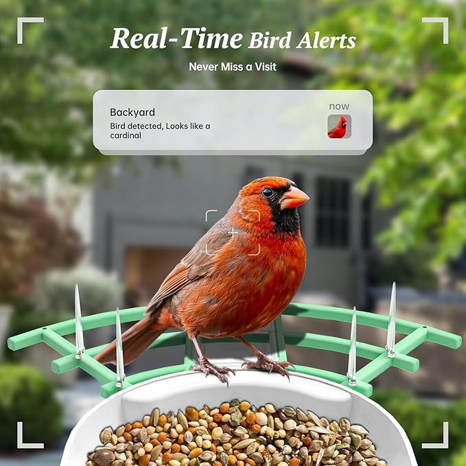 Smart Bird Feeder with Camera, 2K HD AI Identify Birds Species, Bir d Watching Camera with Solar Panel, Instant Notifications, Ideal Present for Bir d Lover, Grass Green