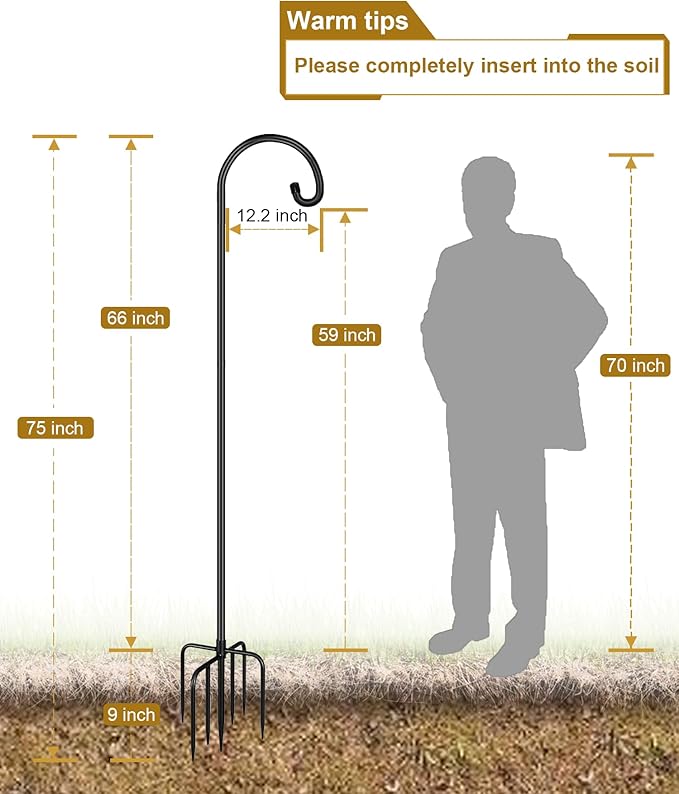 Shepherd Hook 75 Inch Tall Heavy-Duty Metal Garden Hanging Pole Stake for Bird Feeder Pole Plant Baskets, Black (1 Pack)