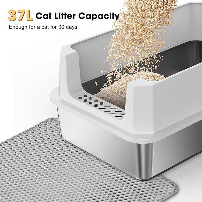 FURTIME Stainless Steel Litter Box with Lid, Large Metal Cat Litter Box for Big Cat, Large Cat Box High Sided with Non-Stick, Odor-Resistant, Anti-Urine Leakage, Easy Cleaning, Includes Scoop and Mat