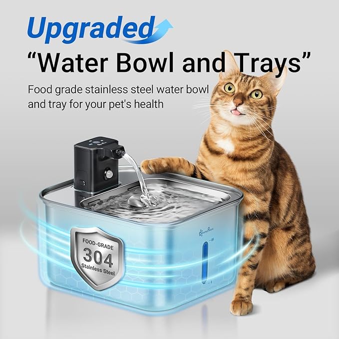 DownyPaws Cat Water Fountain Stainless Steel Wireless, 101 oz/3L FurSink Cordless Cat Water Dispenser for Pets, Battery Operated Dog Drinking Fountain with Motion Sensor, Metal with 6 Filters