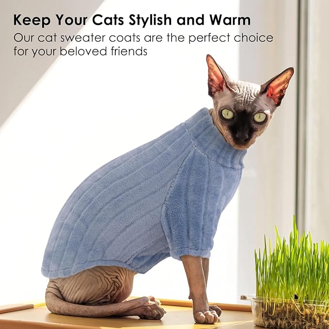 SUNFURA Sweaters for Cats, Hairless Sphynx Sweater Kitten Pullover with Sleeves, Warm and Soft Cat Pajamas Fleece Sweatshirt Jumpsuit, Turtleneck Clothes for Fall Winter, Blue S