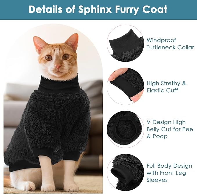SUNFURA Sphynx Cat Sweater, Hairless Cats Turtleneck Pullover Kitten Sweaters for Cats Only, Warm and Soft Cat Pajamas Shirt with Sleeves Pet Winter Clothes Fleece Jumpsuit for Puppy, Black L