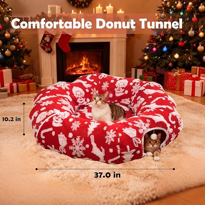 Cat Tunnel Christmas Tree Skirt for Indoor Cats with Bed,Christmas Cat Tunnel Peekaboo Cave Play Christmas Tree Cat Tunnels,Cute Cat Donut Toys Tunnel Skirt Hideout Under Tree