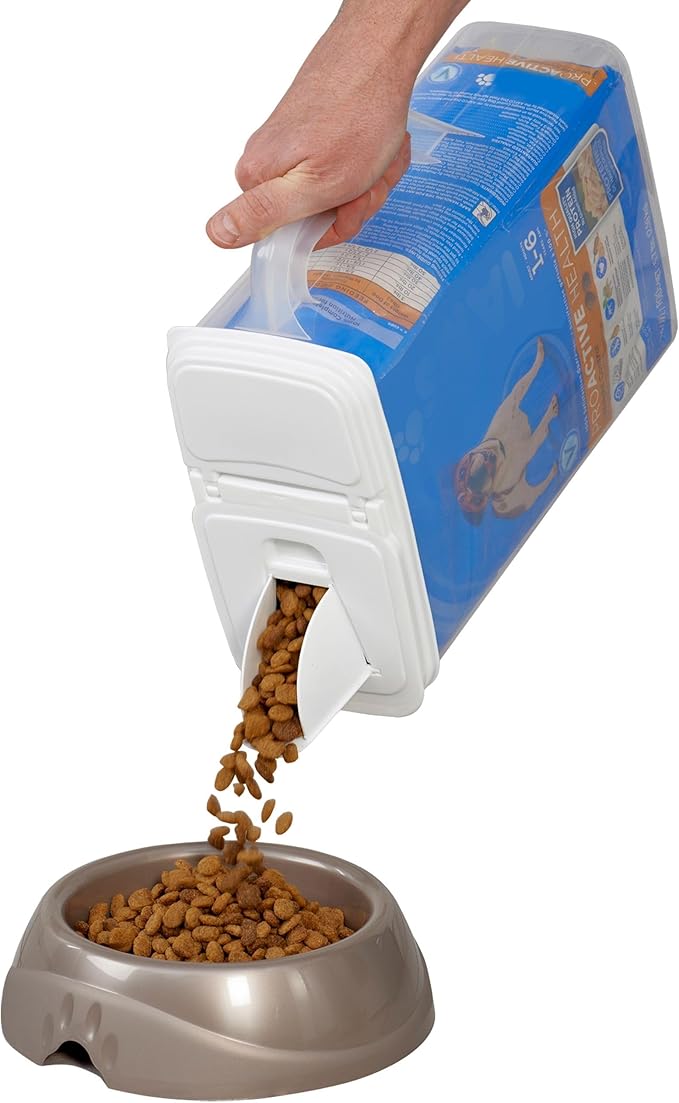 Buddeez Pet Food Storage Container - 8 Quart Capacity Dog / Cat Food & Bird Seed Container with Durable EZ Grip Handle, Flip Gray Lid (includes 1 Cup Clear Scoop)