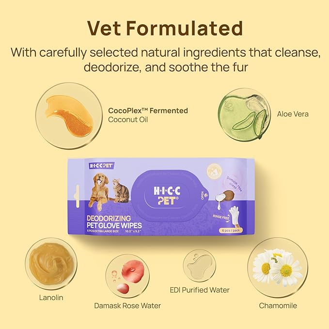 HICC PET Cleaning Deodorizing Glove Wipes for Dogs & Cats, Vet Recommended Hypoallergenic Hydrating & Nourish Fur Pet Grooming Glove Wipes, Pet Bathing Wipes for Horse Coat Care, 18pcs Rose Scent