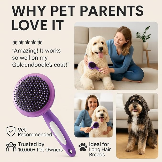 Round Bristle Pet Brush for Dogs and Cats - Soft Dog Brush for Grooming Short or Long Hair - Gentle Tool for Sensitive Skin Removes Dander, Dirt, and Detangles (Purple)
