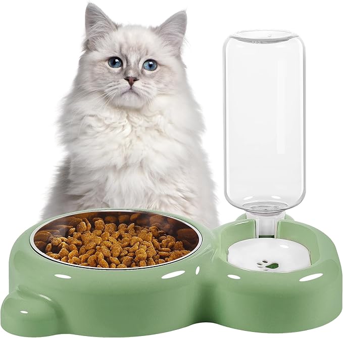 Dog Bowls, Cat Food and Water Bowl Set with Water Dispenser and Stainless Steel Bowl for Cats and Small Dogs - Green