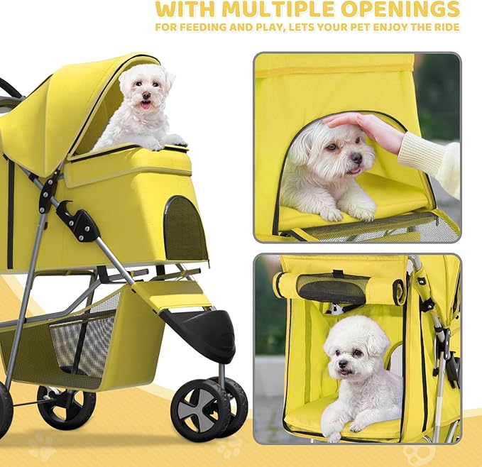 Magshion 3-Wheel Pet Stroller, Foldable Travel Jogger for Small & Medium Dogs & Cats (Up to 33lbs), Lightweight Carrier with Breathable Mesh Cover, Cup Holder & Storage Basket, Yellow