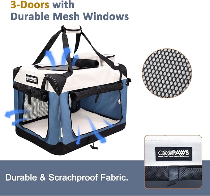 JESPET Soft Dog Crates Kennel for Pets, 3 Door Soft Sided Folding Travel Pet Carrier with Straps and Fleece Mat for Dogs, Cats(6-Lake Blue, Large(30" L x 21" W x 23" H))