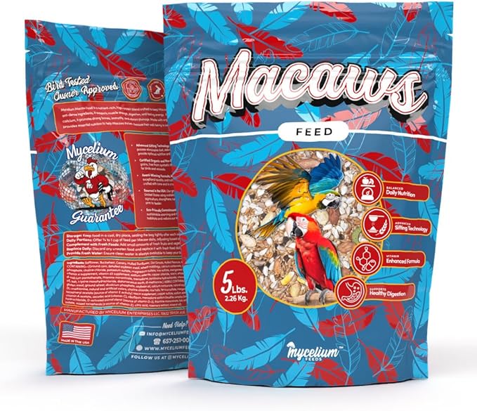 Mycelium Organic Macaw Bird Food (5 LB Bag) | Premium Seed, Pellet & Kibble Blend for Large Parrots | High-Protein, Digestive & Feather Support | Non-GMO, USA-Grown