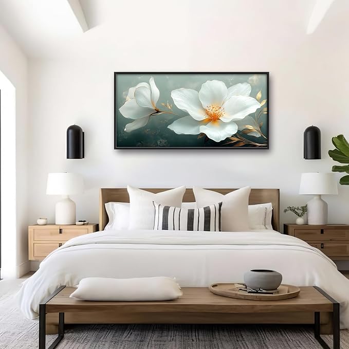 Large White Floral Wall Art for Living Room, Flower Canvas Oversized Wall Decor, Aesthetics Framed Pictures Painting Print Artwork for Bedroom Office 60L" x 30W"