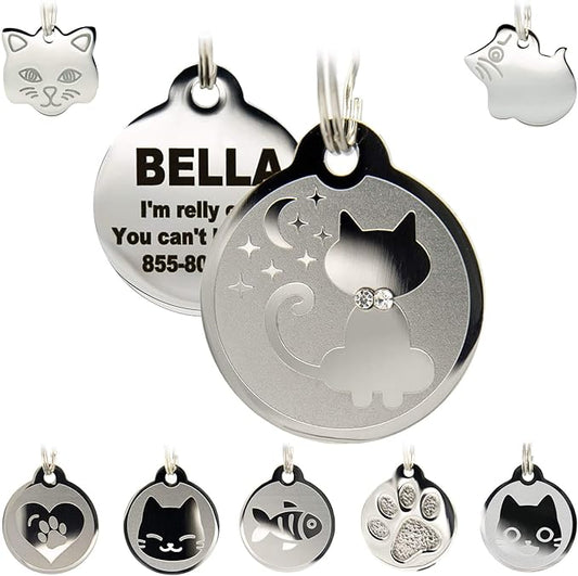 Stainless Steel Cat ID Tags - Engraved Personalized Cat Tags includes up to 4 Lines of Text with Kitty Shape